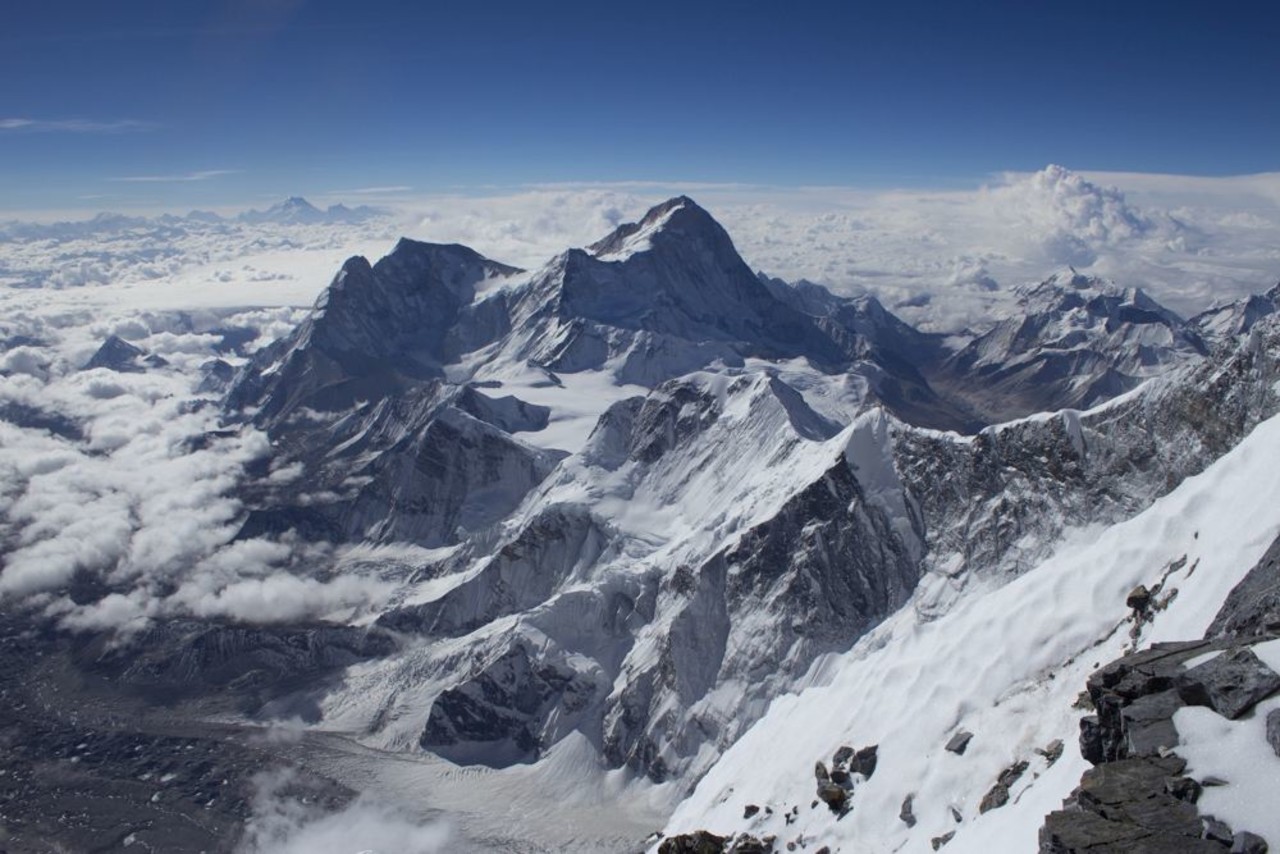 The view from the top of Mt Everest over the nearest mountains and valleys