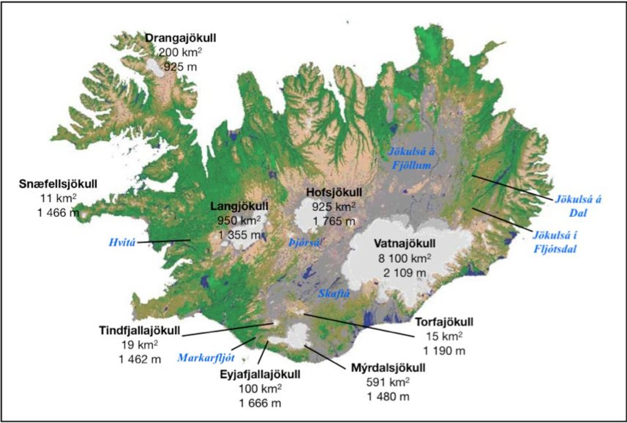 Map of Iceland showing glaciers and glacier rivers