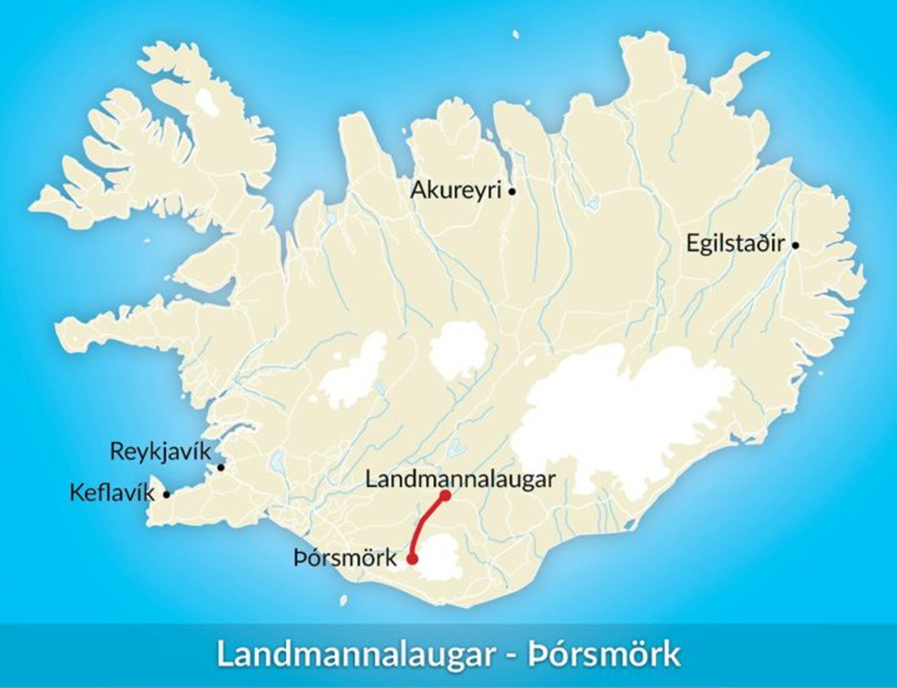 A map of Iceland showing the hike from Landmannalaugar to Þórsmörk