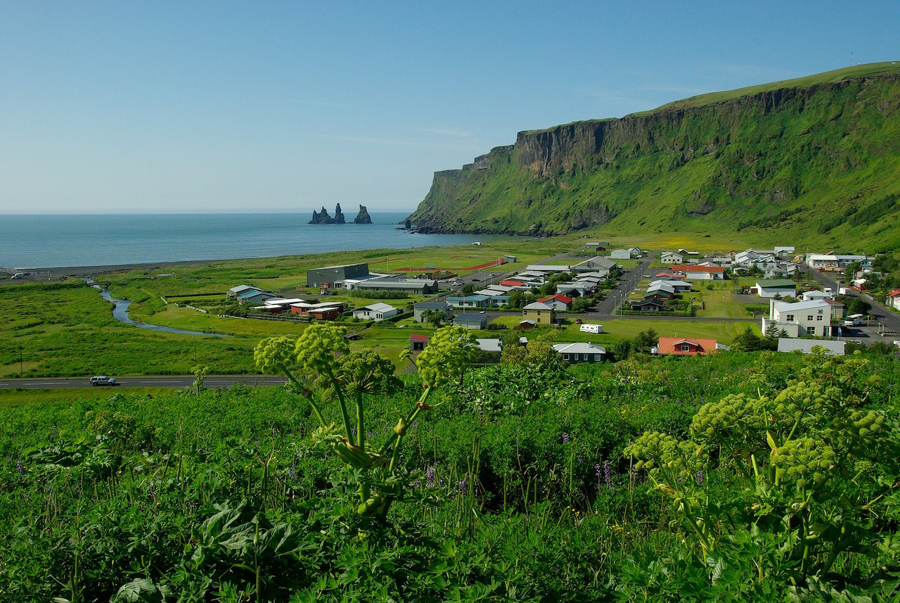 Small town of Vík along the South coast of Iceland in the summer