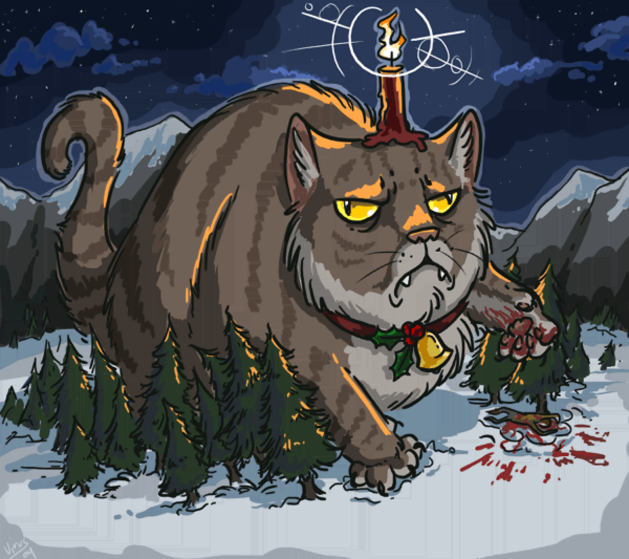 A funny drawing of the scary huge Icelandic Yule Cat stepping on some trees