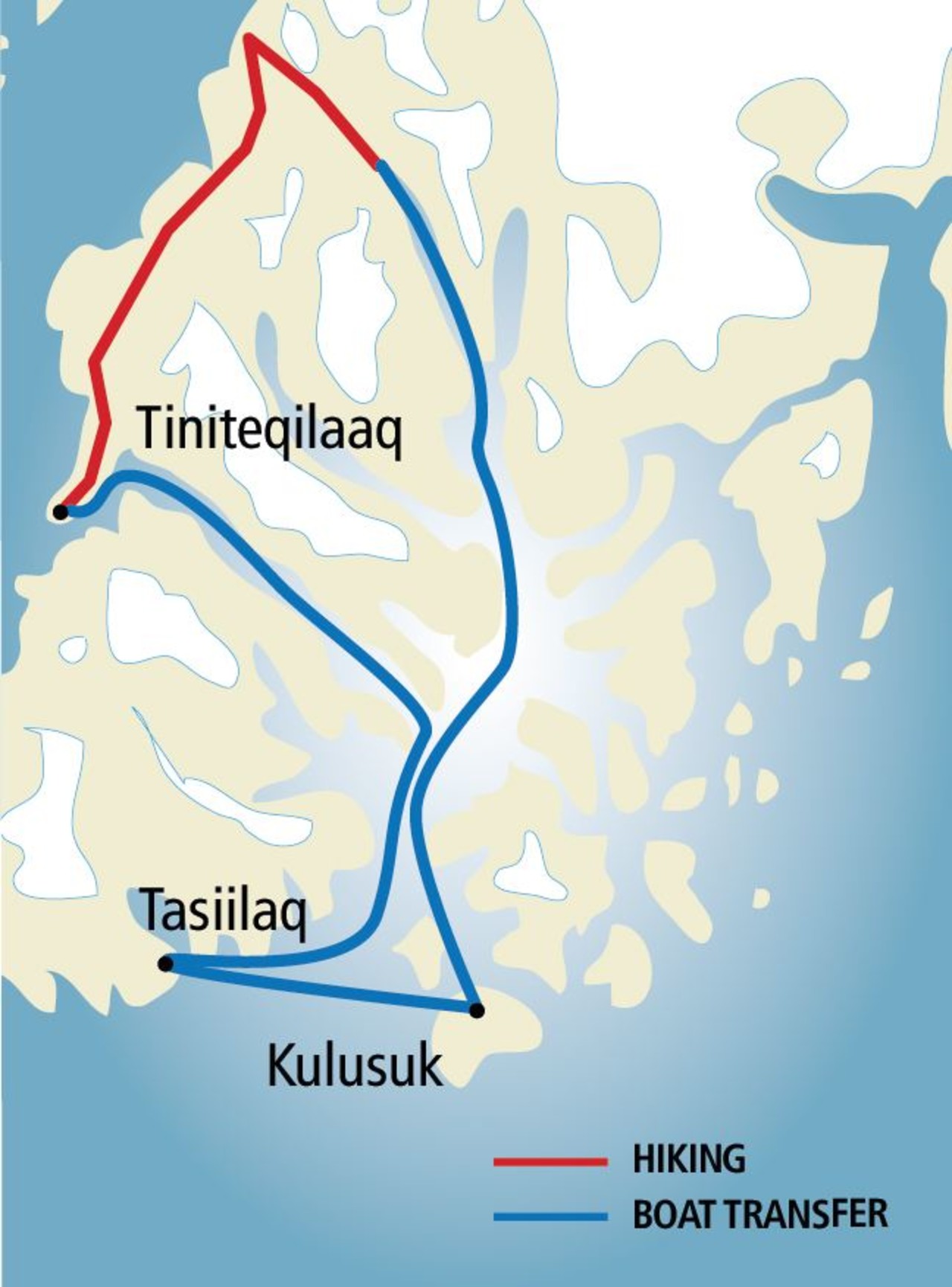 A map of a part of East Greenland showing the route from Kulusuk to Tiniteqilaaq and Tasiilaq